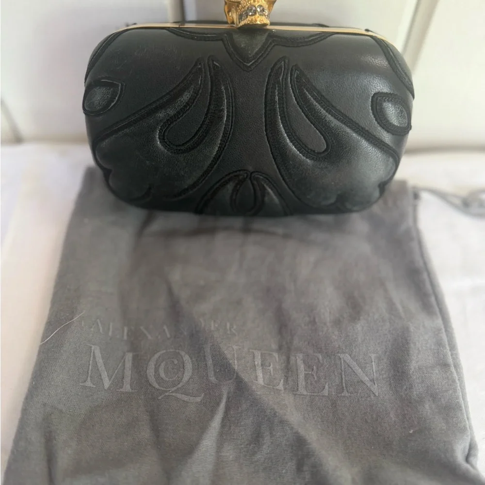 Alexander McQueen Black Leather Skull Box Clutch Bag.